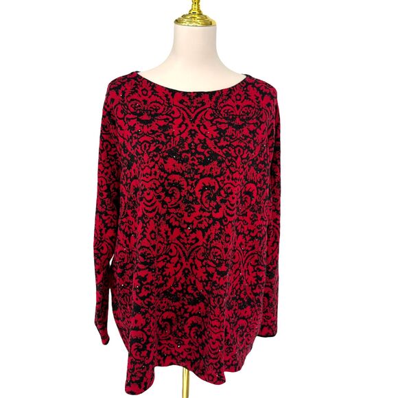 J. Jill Jacquard Tunic Sweater 3X Red Black Damask Rhinestone Sparkle Holiday - Picture 7 of 11